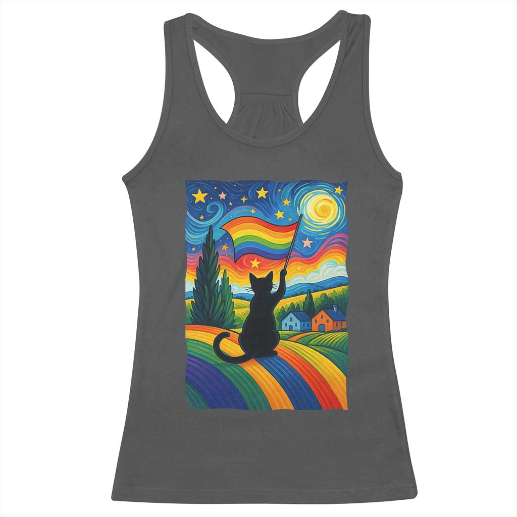Whimsical Black Cat Pride Flag Racerback Tank Top Colorful LGBTQ Rainbow - Wonder Print Shop