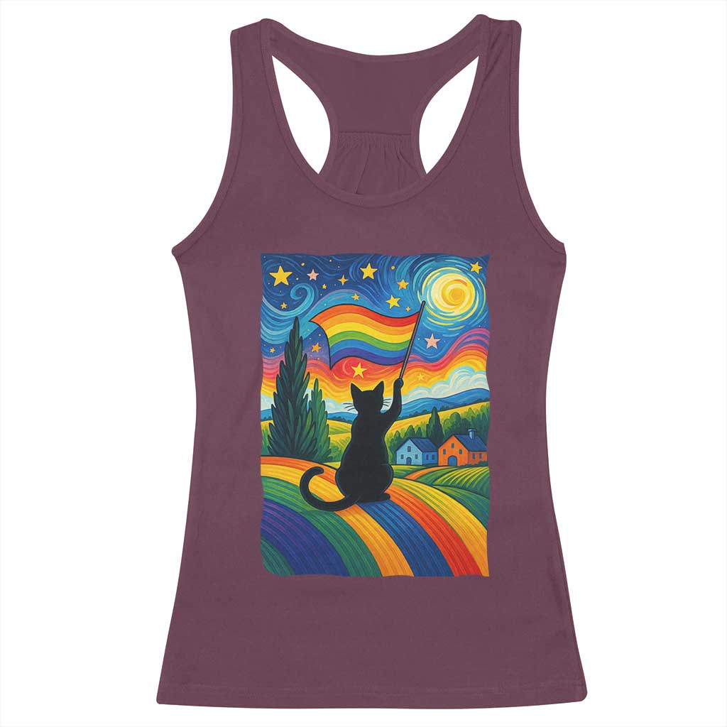 Whimsical Black Cat Pride Flag Racerback Tank Top Colorful LGBTQ Rainbow - Wonder Print Shop