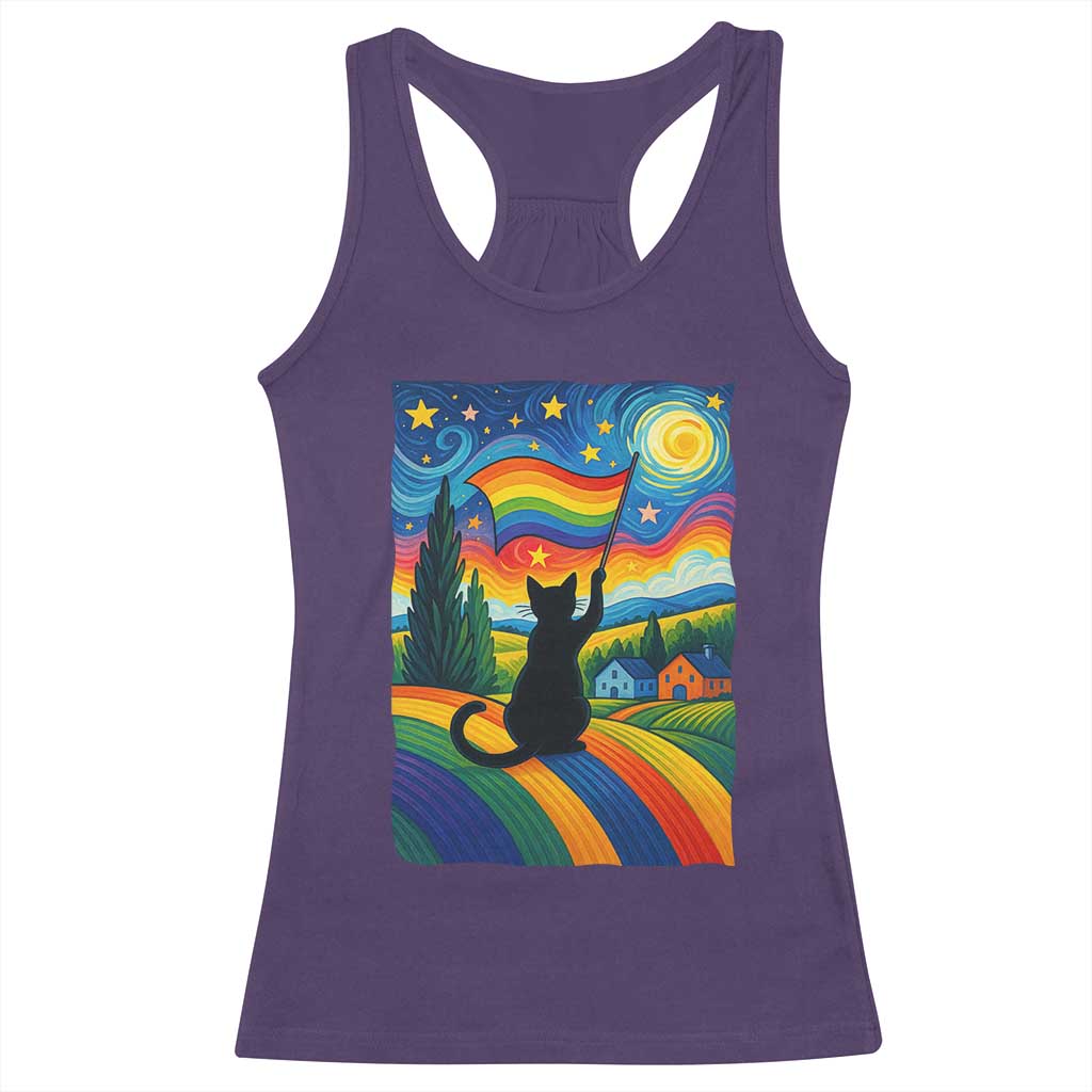 Whimsical Black Cat Pride Flag Racerback Tank Top Colorful LGBTQ Rainbow - Wonder Print Shop