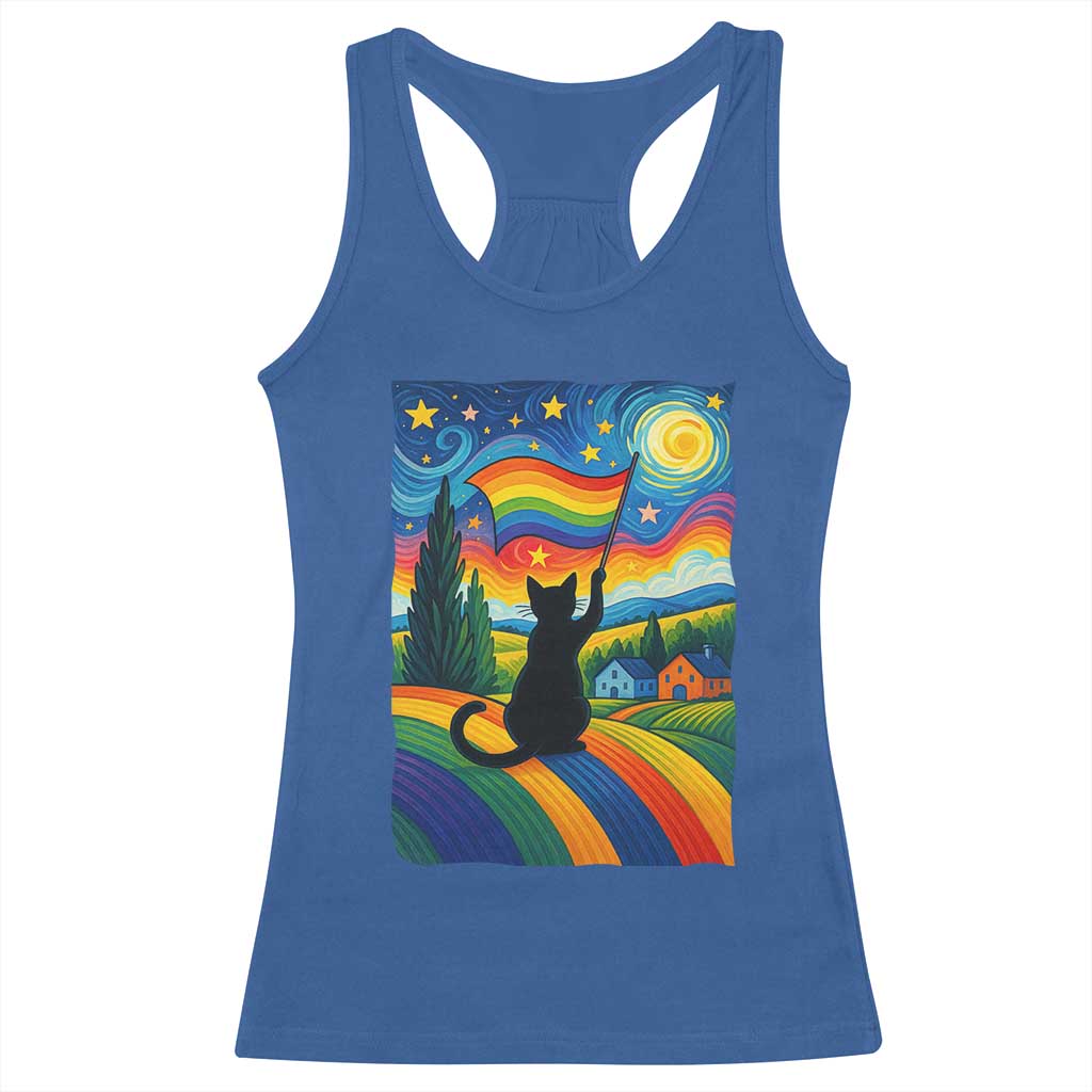 Whimsical Black Cat Pride Flag Racerback Tank Top Colorful LGBTQ Rainbow - Wonder Print Shop