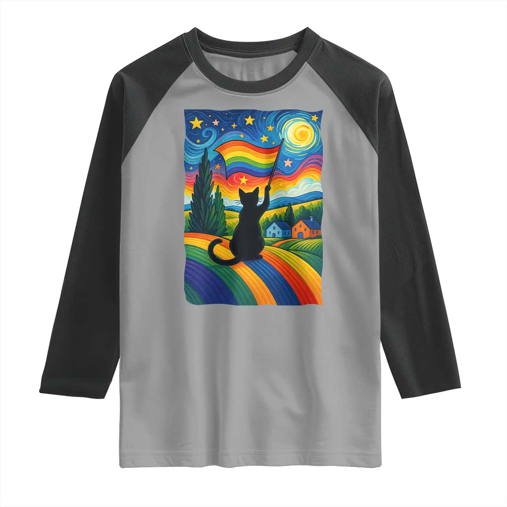 Whimsical Black Cat Pride Flag Raglan Shirt Colorful LGBTQ Rainbow - Wonder Print Shop