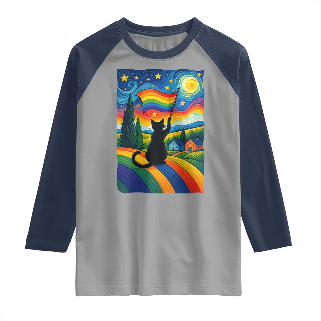 Whimsical Black Cat Pride Flag Raglan Shirt Colorful LGBTQ Rainbow - Wonder Print Shop