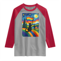 Whimsical Black Cat Pride Flag Raglan Shirt Colorful LGBTQ Rainbow - Wonder Print Shop