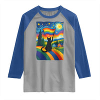 Whimsical Black Cat Pride Flag Raglan Shirt Colorful LGBTQ Rainbow - Wonder Print Shop