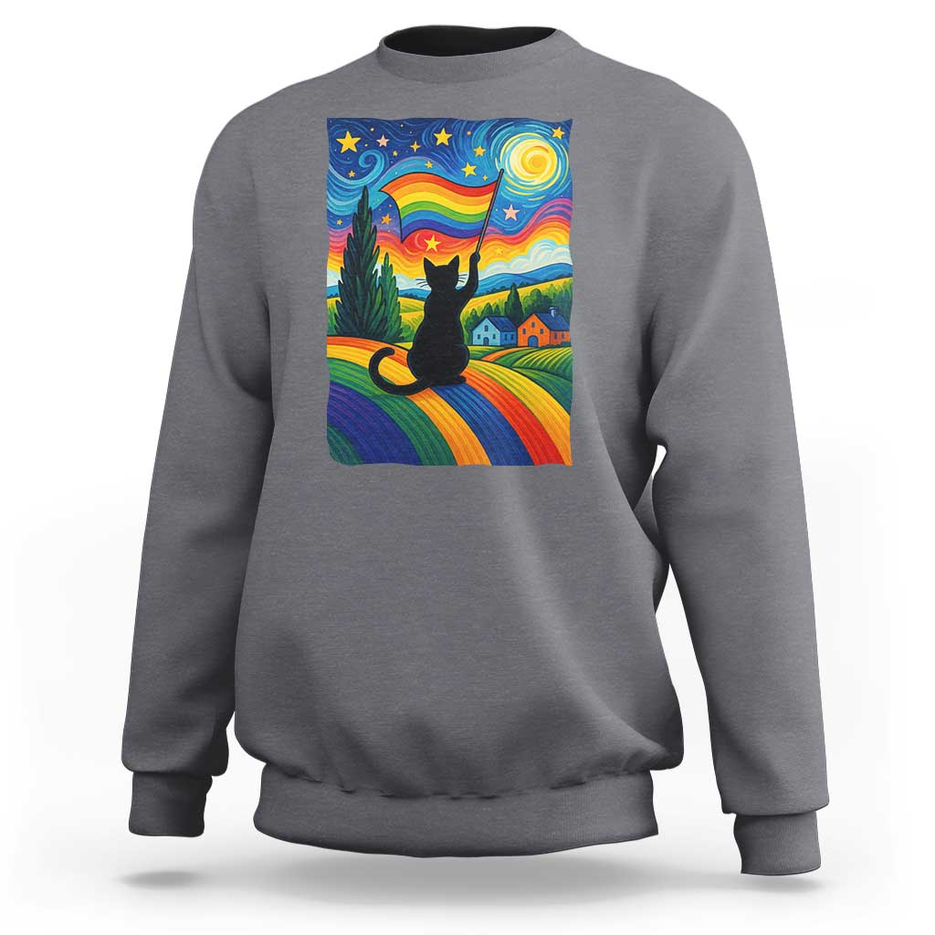 Whimsical Black Cat Pride Flag Sweatshirt Colorful LGBTQ Rainbow - Wonder Print Shop