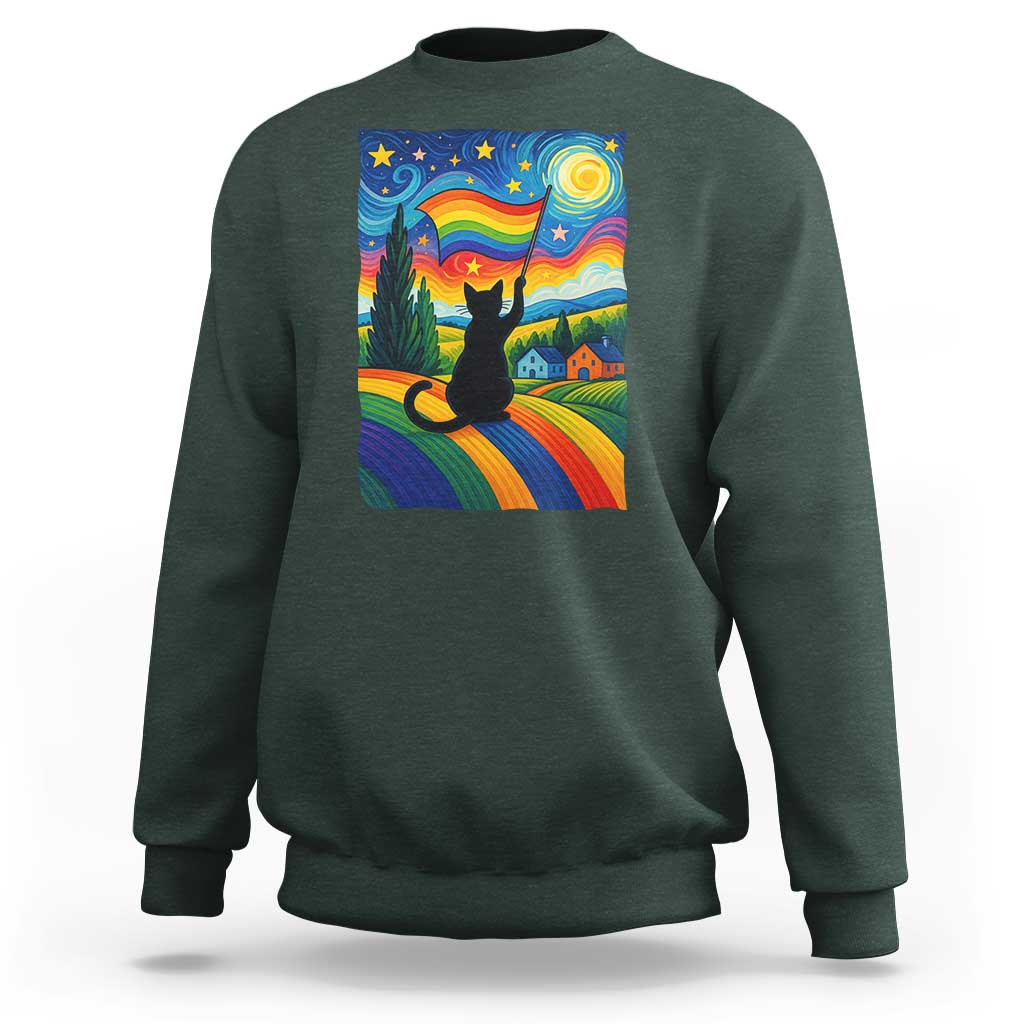 Whimsical Black Cat Pride Flag Sweatshirt Colorful LGBTQ Rainbow - Wonder Print Shop