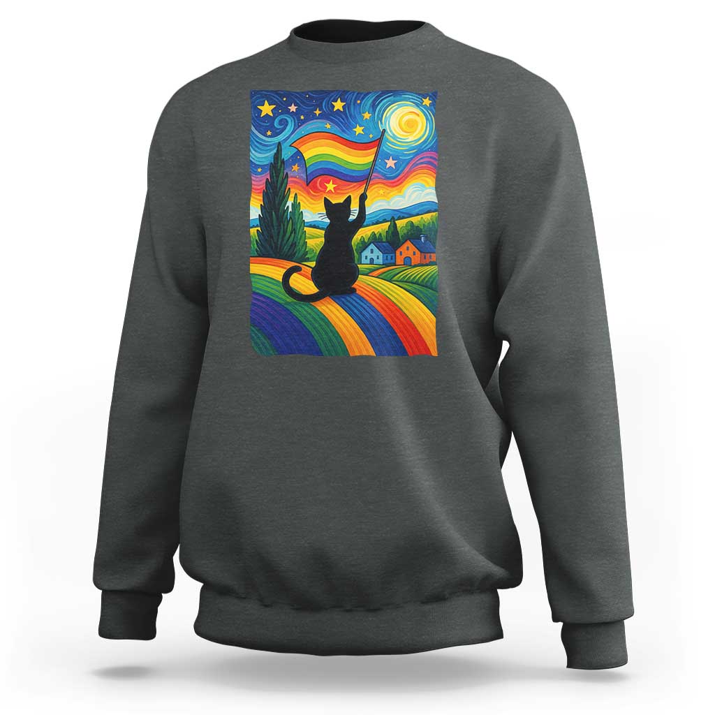Whimsical Black Cat Pride Flag Sweatshirt Colorful LGBTQ Rainbow - Wonder Print Shop