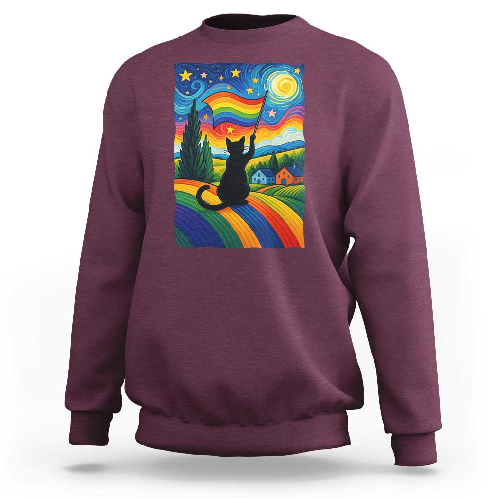 Whimsical Black Cat Pride Flag Sweatshirt Colorful LGBTQ Rainbow - Wonder Print Shop