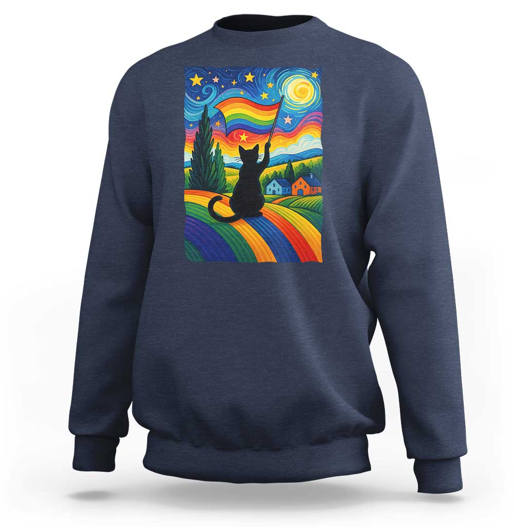 Whimsical Black Cat Pride Flag Sweatshirt Colorful LGBTQ Rainbow - Wonder Print Shop