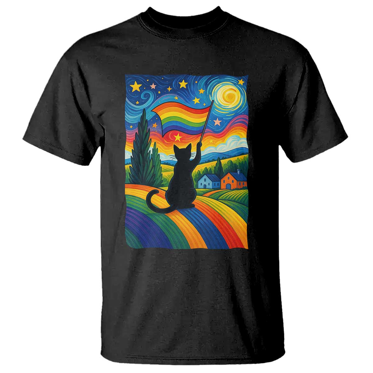 Whimsical Black Cat Pride Flag T Shirt Colorful LGBTQ Rainbow - Wonder Print Shop