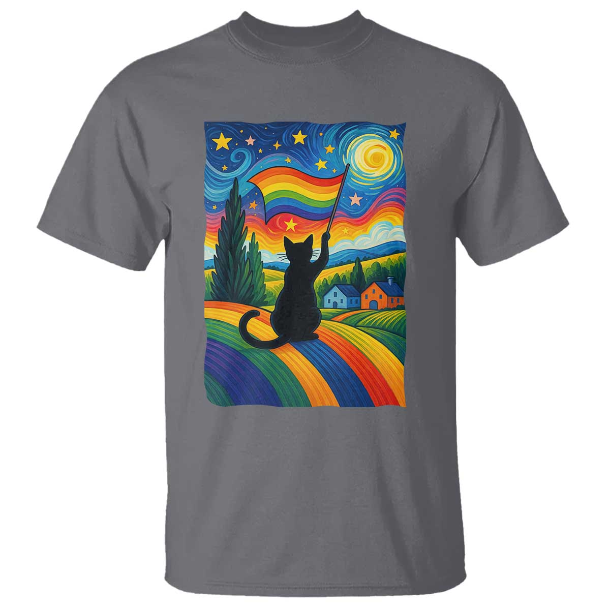 Whimsical Black Cat Pride Flag T Shirt Colorful LGBTQ Rainbow - Wonder Print Shop