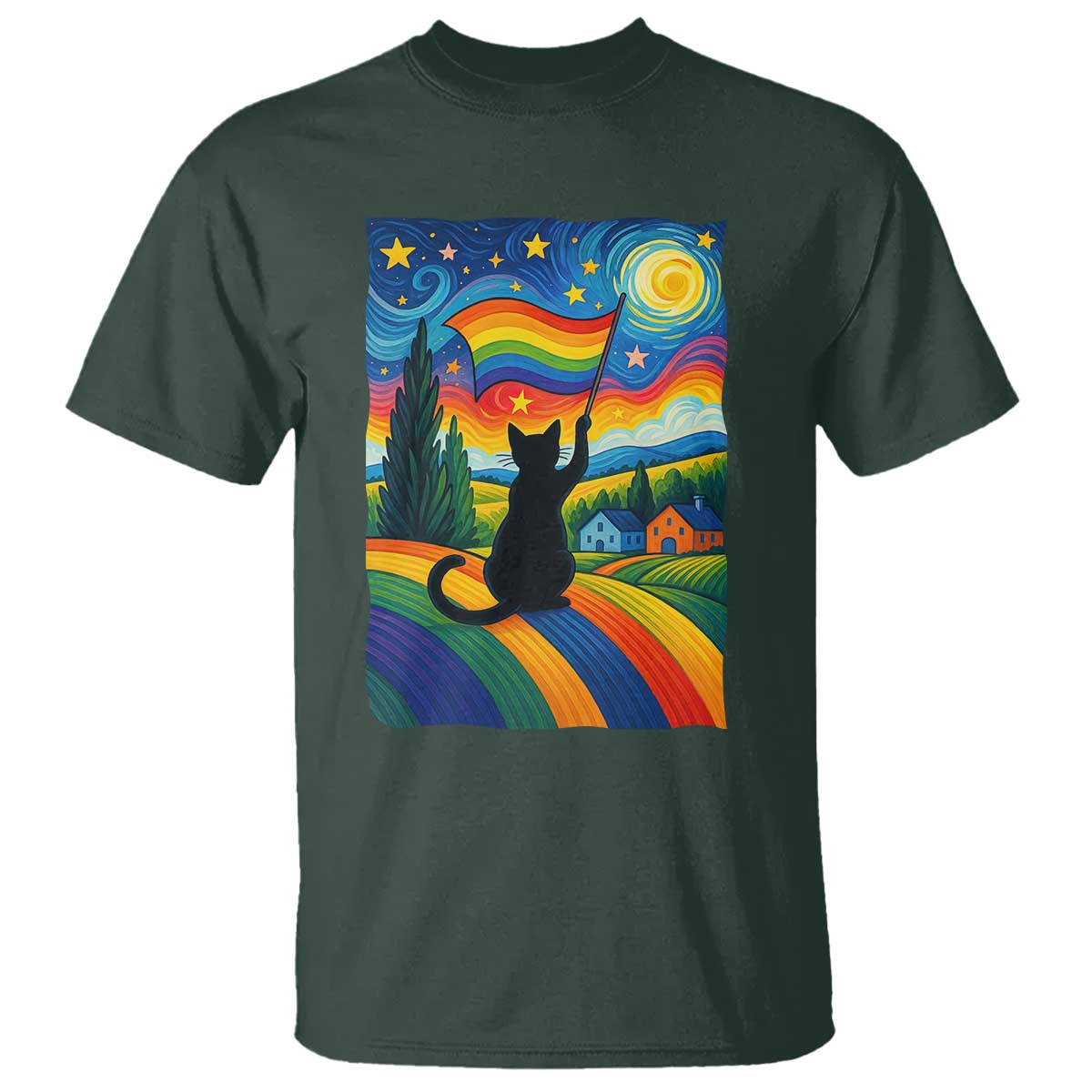Whimsical Black Cat Pride Flag T Shirt Colorful LGBTQ Rainbow - Wonder Print Shop