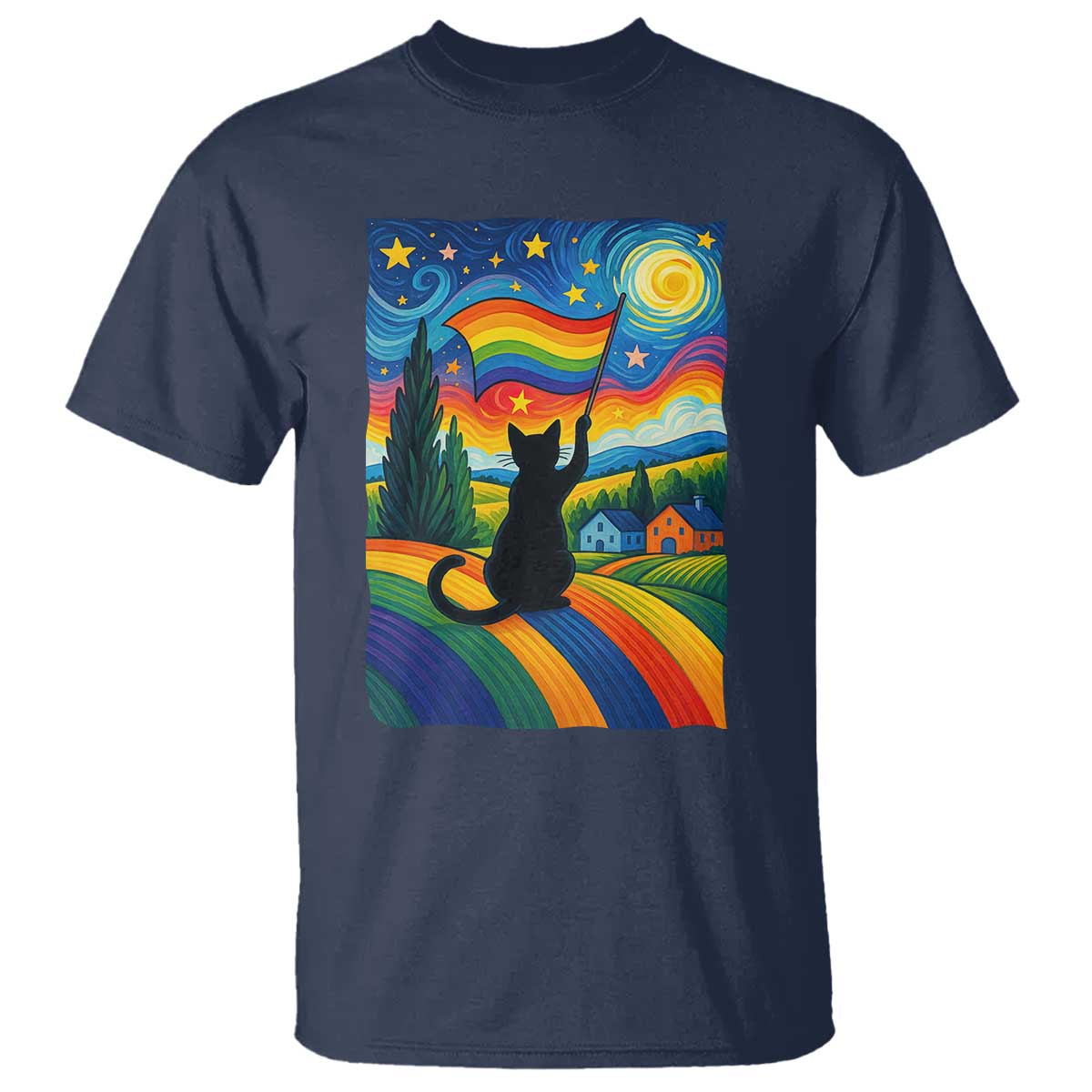 Whimsical Black Cat Pride Flag T Shirt Colorful LGBTQ Rainbow - Wonder Print Shop