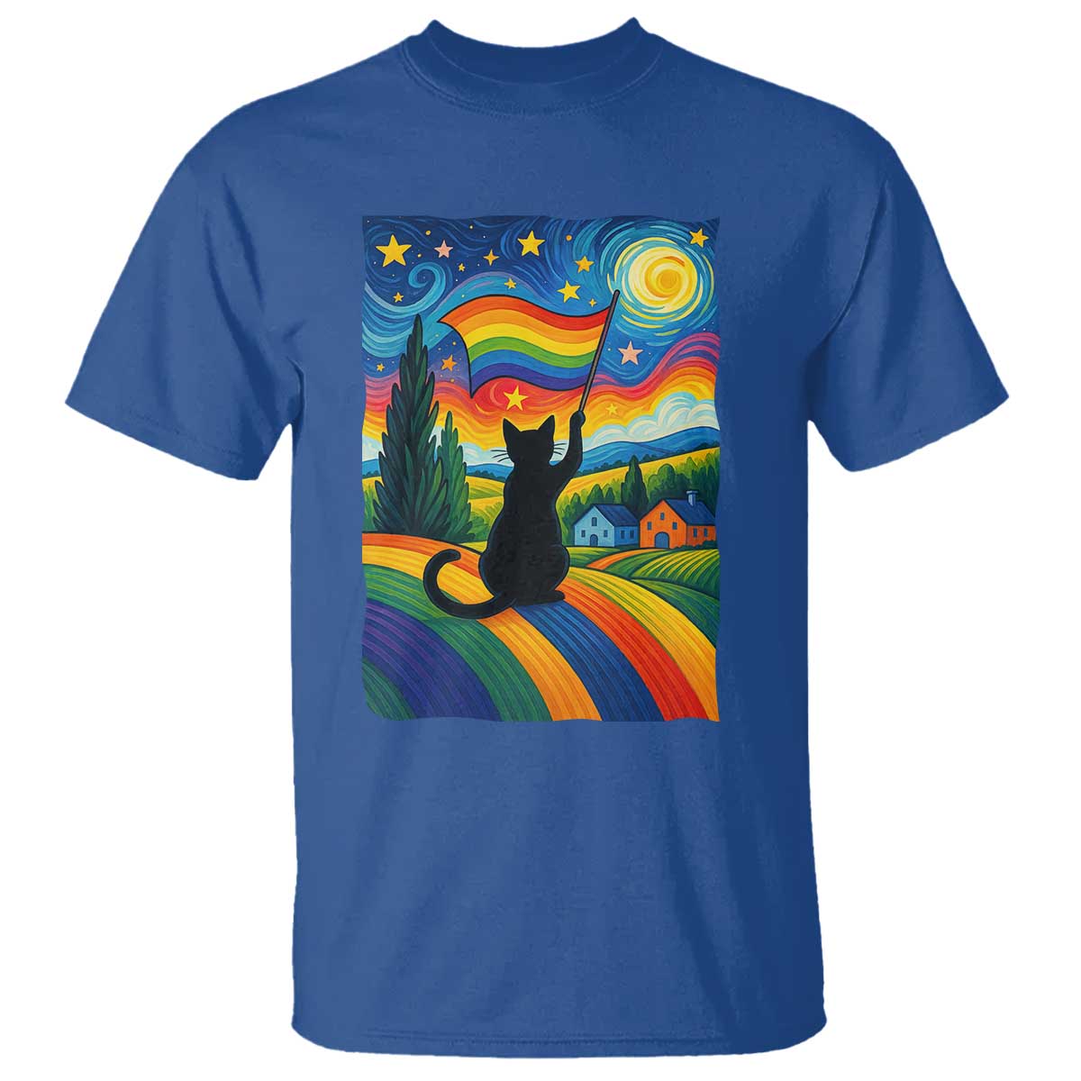 Whimsical Black Cat Pride Flag T Shirt Colorful LGBTQ Rainbow - Wonder Print Shop