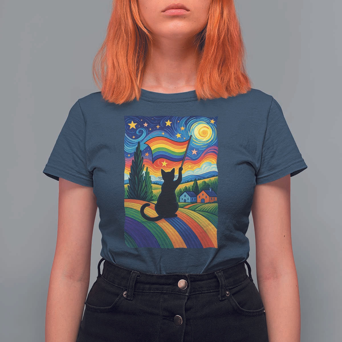 Whimsical Black Cat Pride Flag T Shirt For Women Colorful LGBTQ Rainbow - Wonder Print Shop