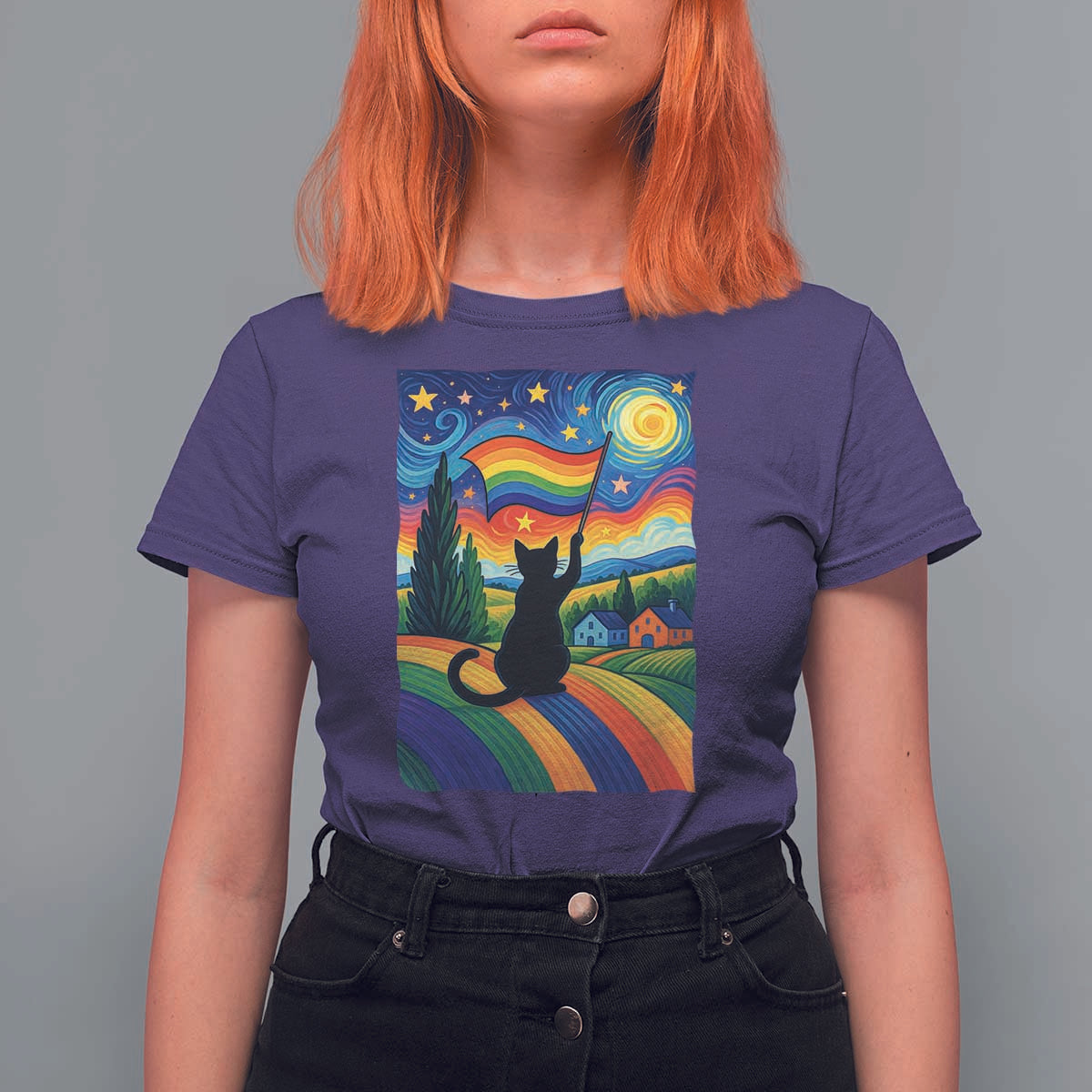 Whimsical Black Cat Pride Flag T Shirt For Women Colorful LGBTQ Rainbow - Wonder Print Shop