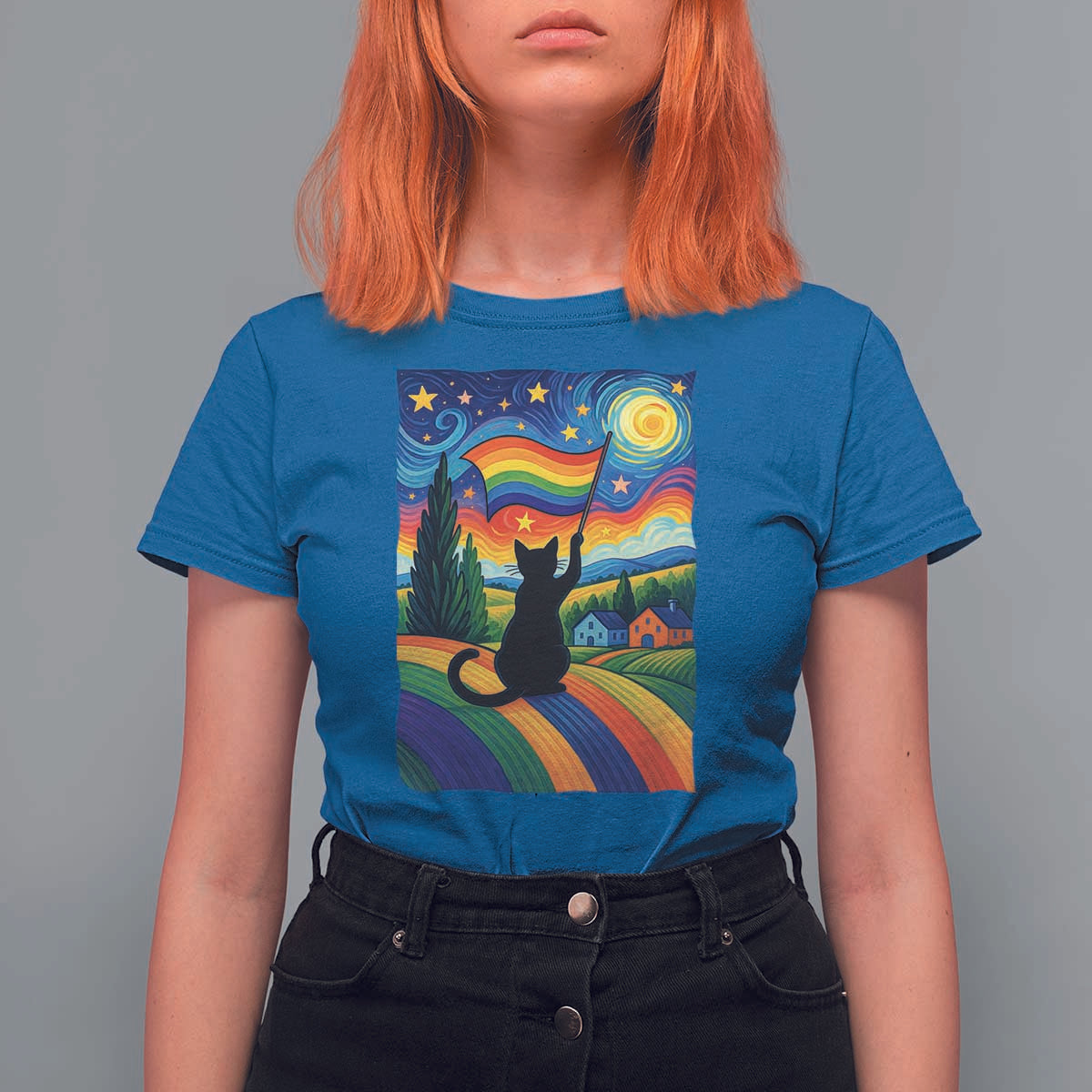 Whimsical Black Cat Pride Flag T Shirt For Women Colorful LGBTQ Rainbow - Wonder Print Shop