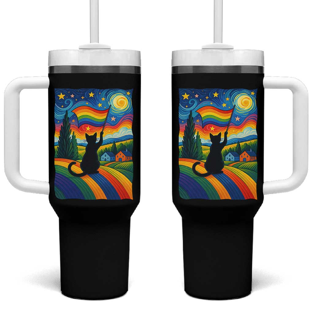 Whimsical Black Cat Pride Flag Tumbler With Handle Colorful LGBTQ Rainbow - Wonder Print Shop
