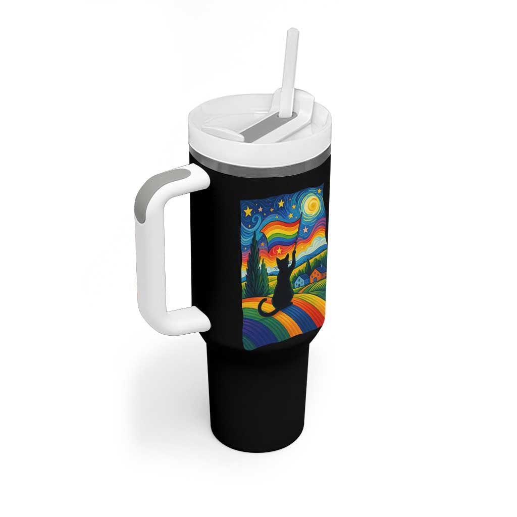 Whimsical Black Cat Pride Flag Tumbler With Handle Colorful LGBTQ Rainbow - Wonder Print Shop