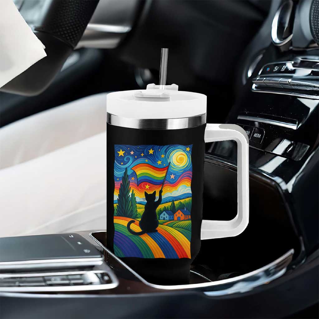 Whimsical Black Cat Pride Flag Tumbler With Handle Colorful LGBTQ Rainbow - Wonder Print Shop
