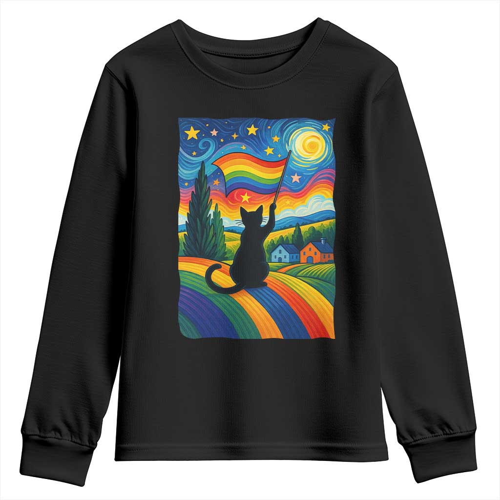Whimsical Black Cat Pride Flag Youth Sweatshirt Colorful LGBTQ Rainbow - Wonder Print Shop