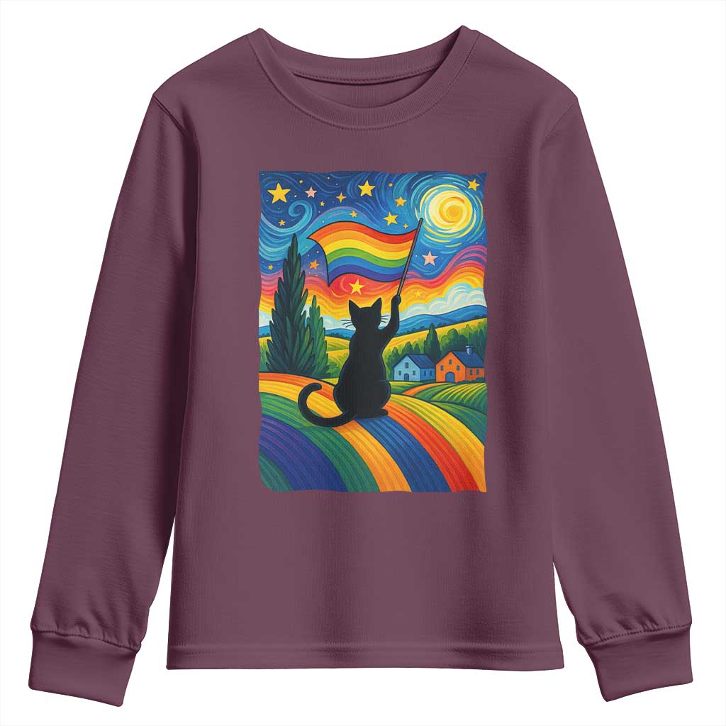 Whimsical Black Cat Pride Flag Youth Sweatshirt Colorful LGBTQ Rainbow - Wonder Print Shop