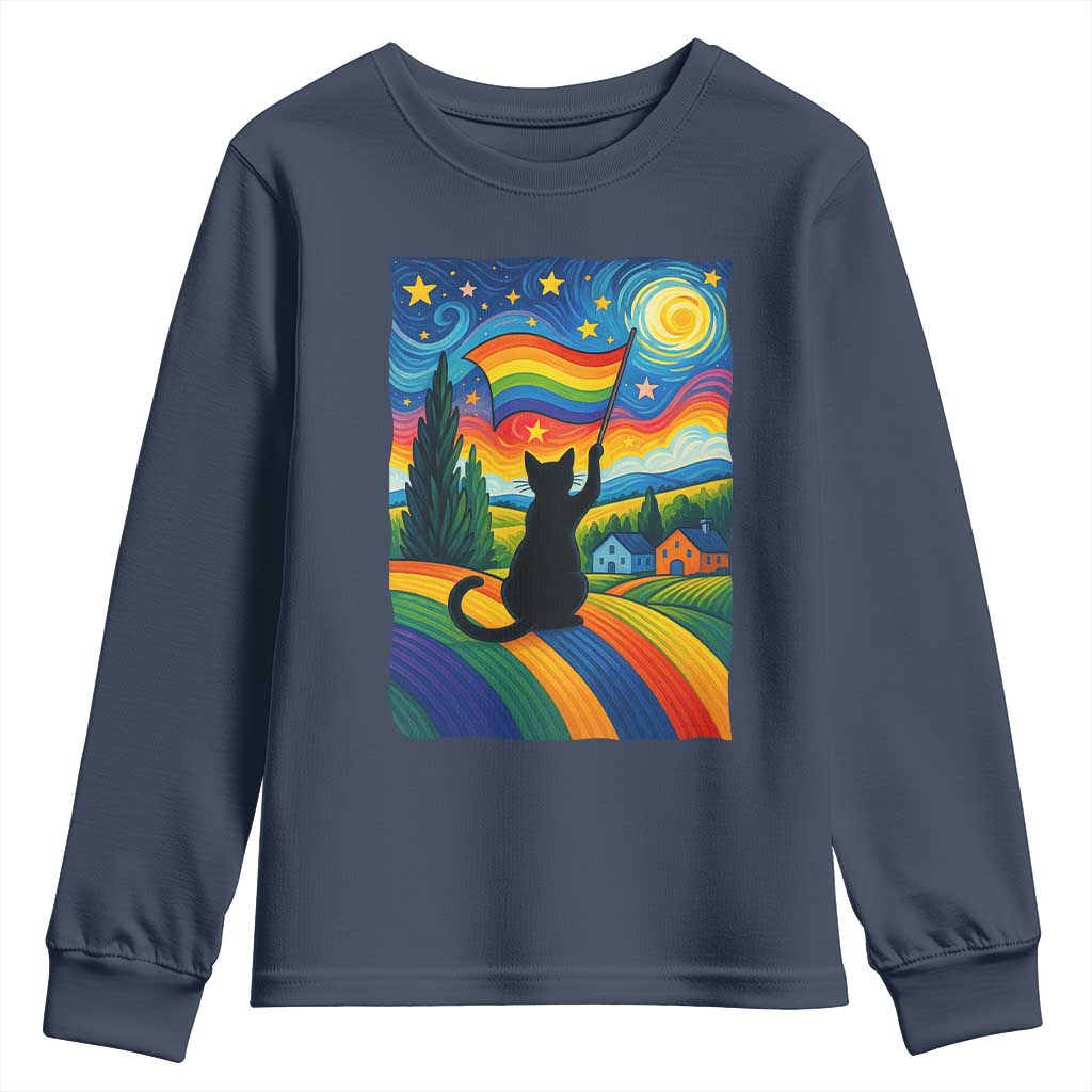 Whimsical Black Cat Pride Flag Youth Sweatshirt Colorful LGBTQ Rainbow - Wonder Print Shop
