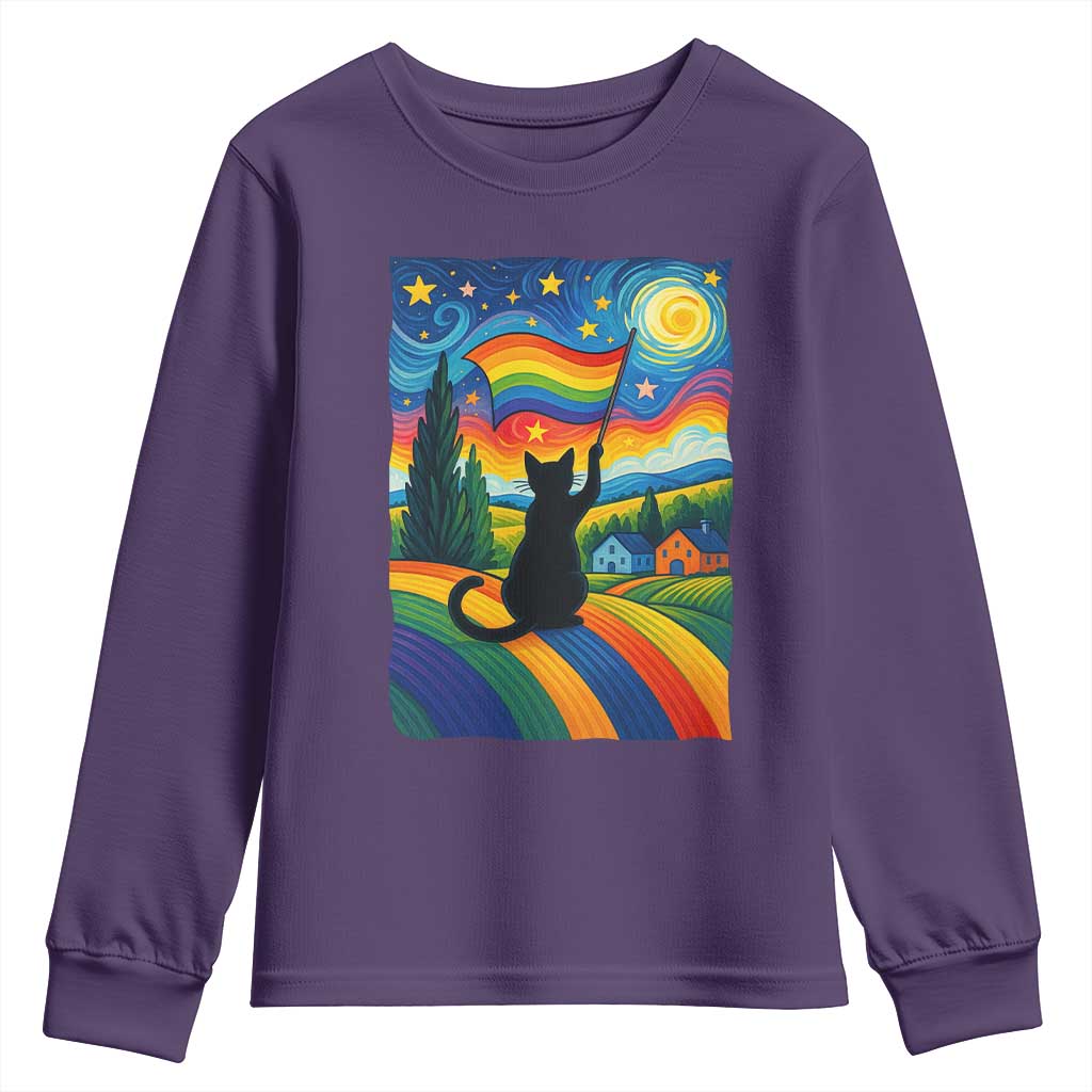 Whimsical Black Cat Pride Flag Youth Sweatshirt Colorful LGBTQ Rainbow - Wonder Print Shop