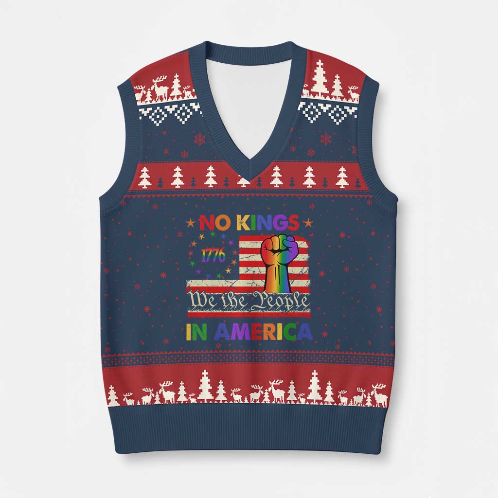 No Kings In America Rainbow Flag V-Neck Knit Sweater Vest - Wonder Print Shop