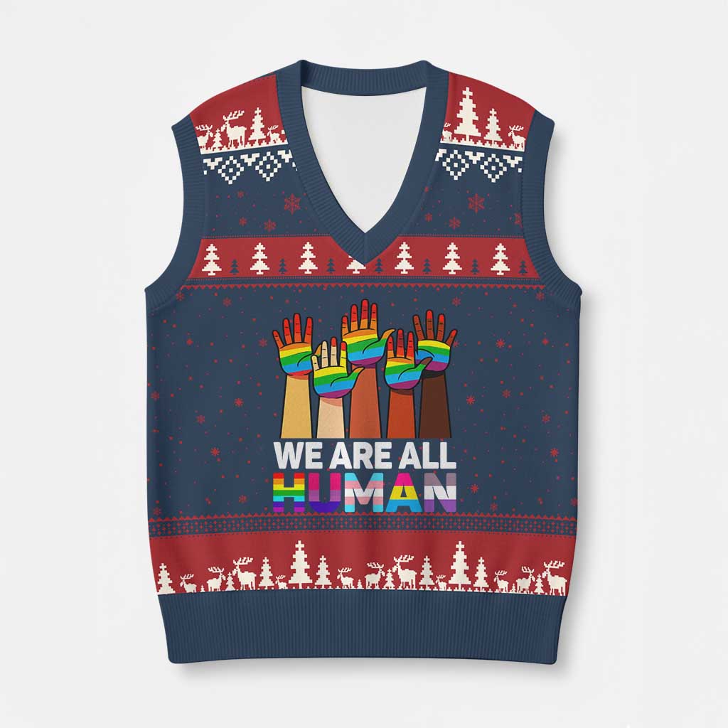 We Are All Human Rainbow Hands V-Neck Knit Sweater Vest LGBTQ+ Unity Equality Pride Month - Wonder Print Shop