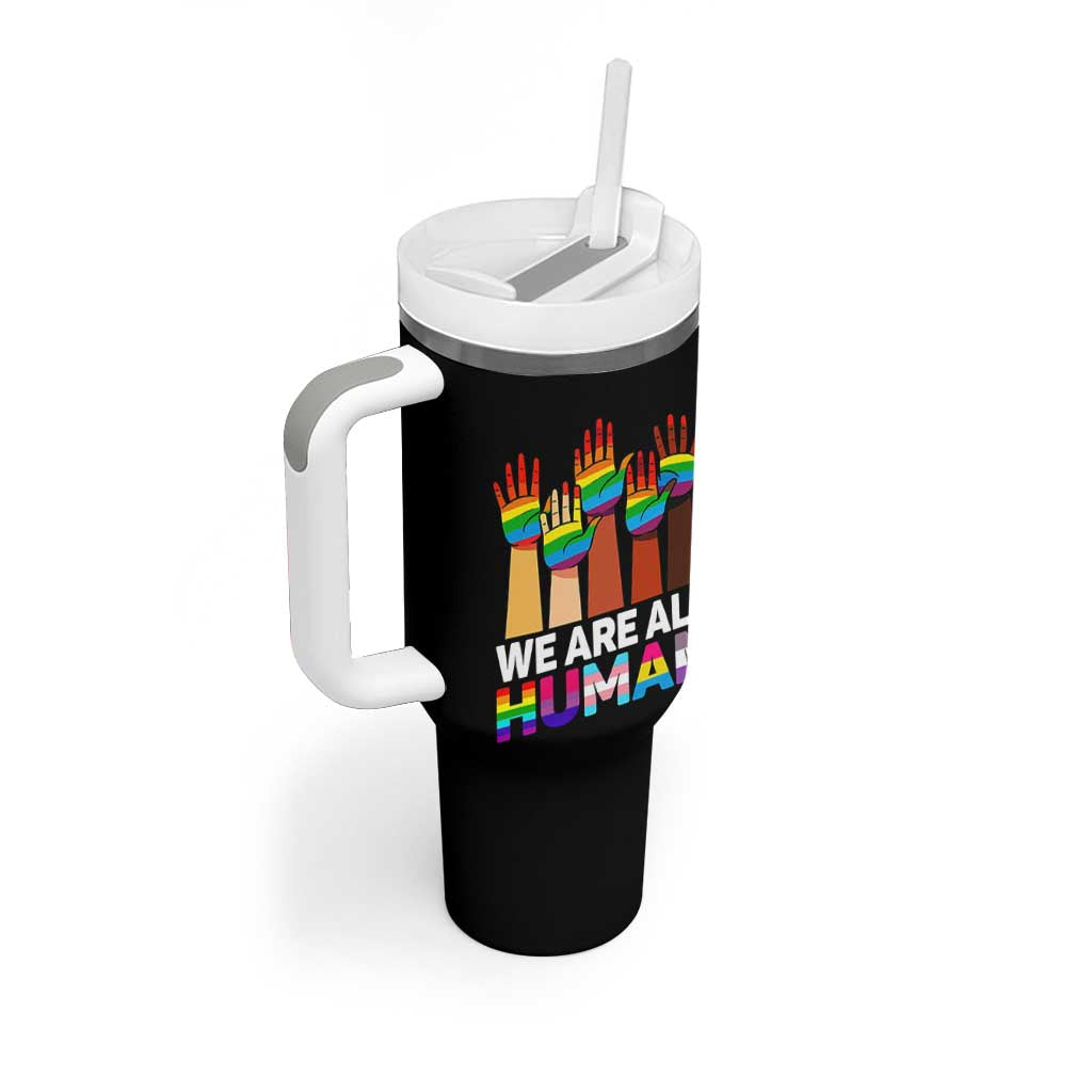 We Are All Human Rainbow Hands Tumbler With Handle LGBTQ+ Unity Equality Pride Month - Wonder Print Shop
