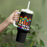 We Are All Human Rainbow Hands Tumbler With Handle LGBTQ+ Unity Equality Pride Month - Wonder Print Shop
