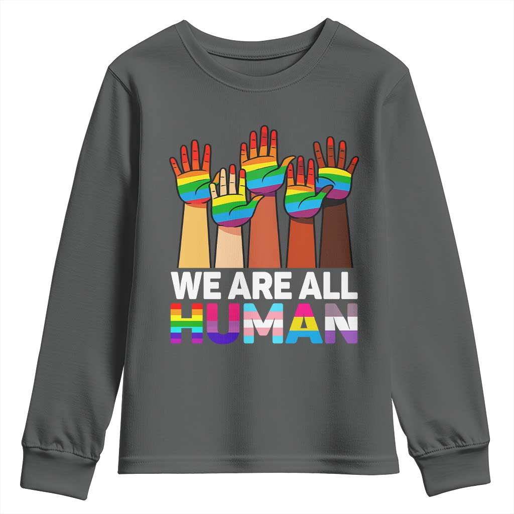 We Are All Human Rainbow Hands Youth Sweatshirt LGBTQ+ Unity Equality Pride Month - Wonder Print Shop
