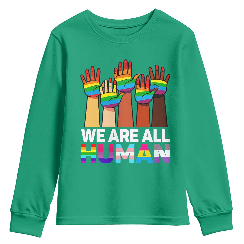 We Are All Human Rainbow Hands Youth Sweatshirt LGBTQ+ Unity Equality Pride Month - Wonder Print Shop