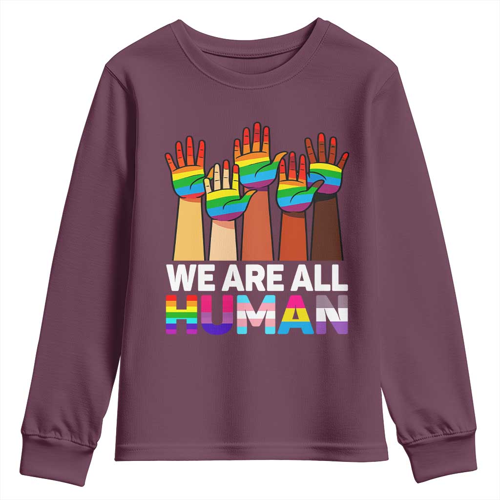 We Are All Human Rainbow Hands Youth Sweatshirt LGBTQ+ Unity Equality Pride Month - Wonder Print Shop