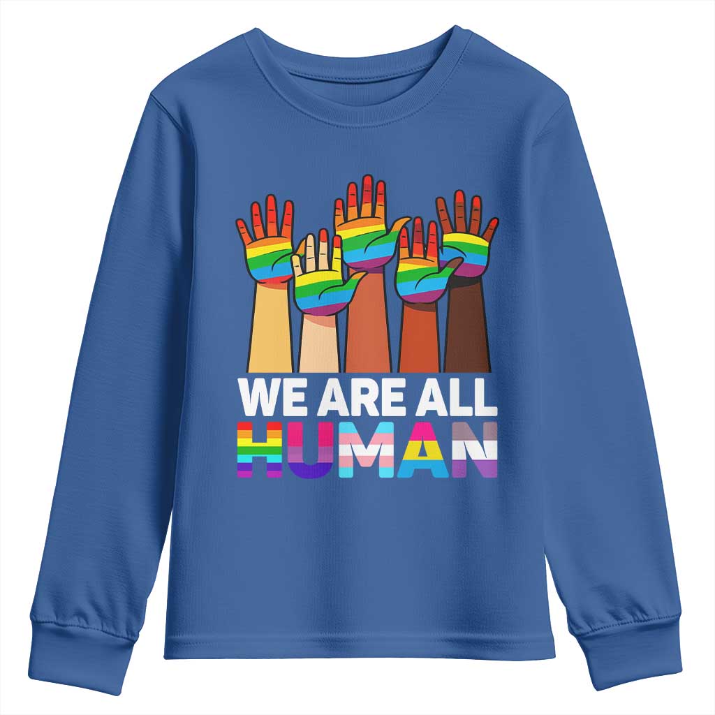 We Are All Human Rainbow Hands Youth Sweatshirt LGBTQ+ Unity Equality Pride Month - Wonder Print Shop