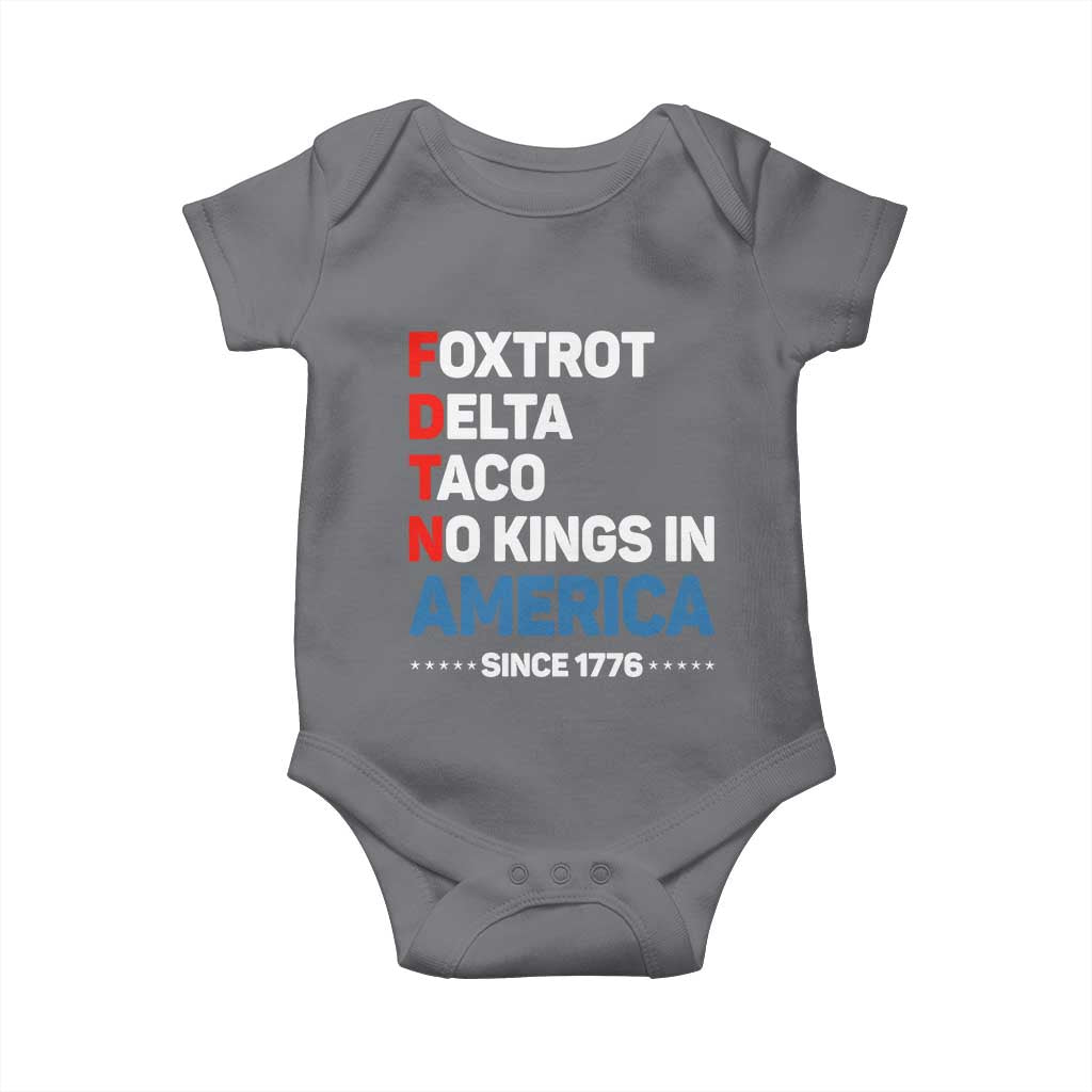 No Kings in America Since 1776 Baby Onesie Foxtrot Delta Taco Funny Patriotic Military Alphabet - Wonder Print Shop