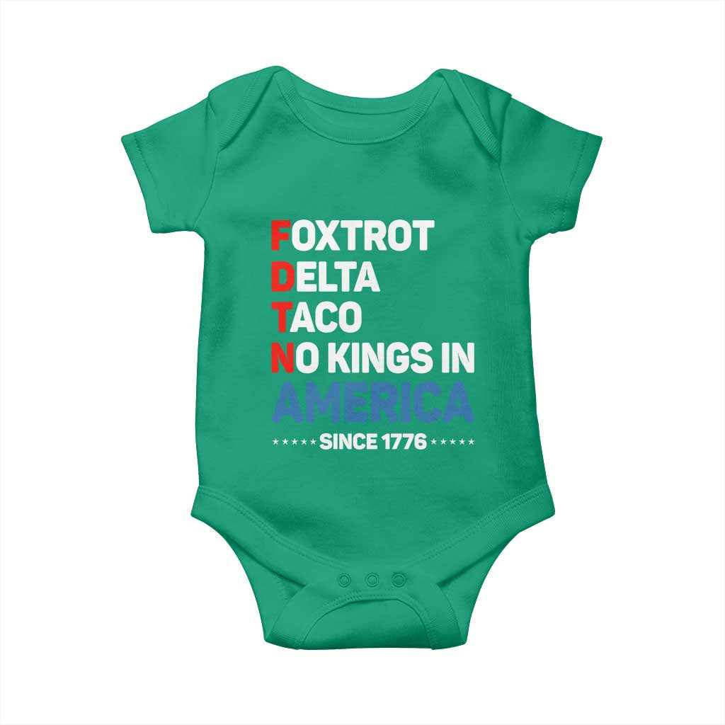 No Kings in America Since 1776 Baby Onesie Foxtrot Delta Taco Funny Patriotic Military Alphabet - Wonder Print Shop