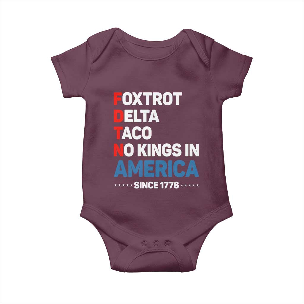 No Kings in America Since 1776 Baby Onesie Foxtrot Delta Taco Funny Patriotic Military Alphabet - Wonder Print Shop