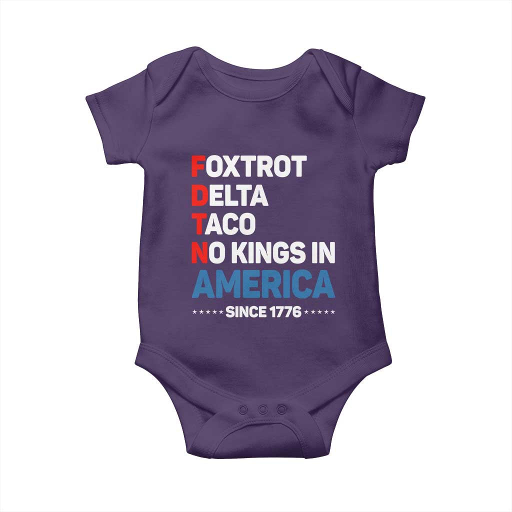 No Kings in America Since 1776 Baby Onesie Foxtrot Delta Taco Funny Patriotic Military Alphabet - Wonder Print Shop