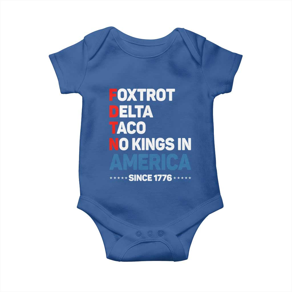 No Kings in America Since 1776 Baby Onesie Foxtrot Delta Taco Funny Patriotic Military Alphabet - Wonder Print Shop