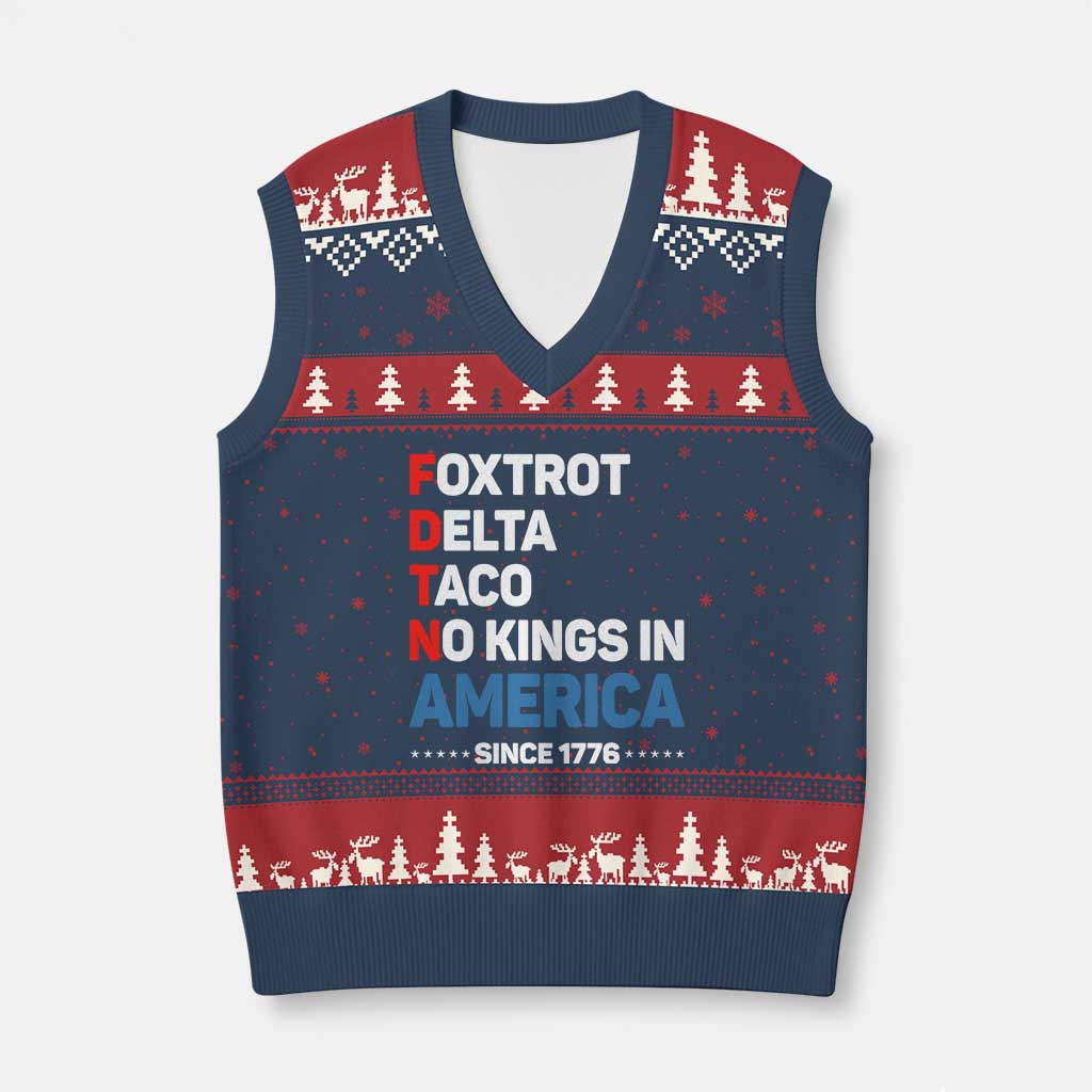 No Kings in America Since 1776 V-Neck Knit Sweater Vest Foxtrot Delta Taco Funny Patriotic Military Alphabet - Wonder Print Shop