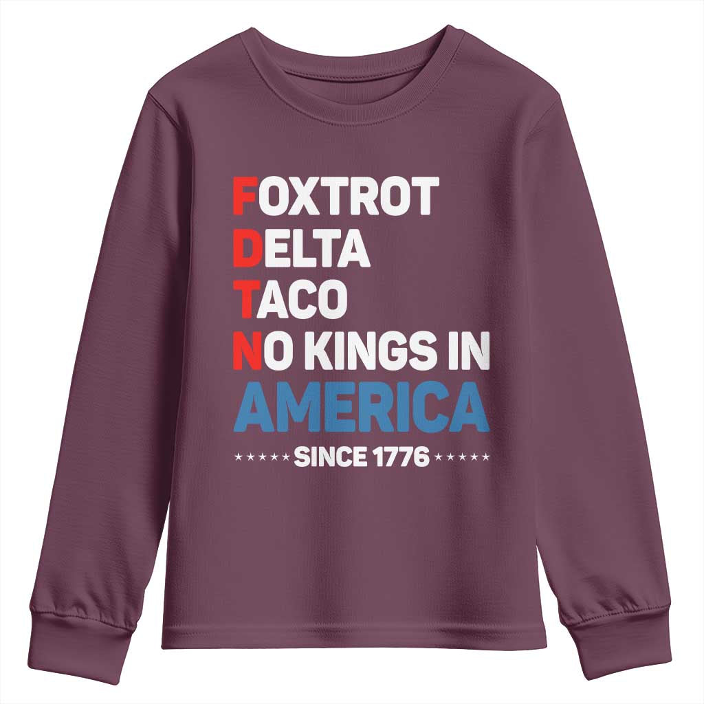 No Kings in America Since 1776 Youth Sweatshirt Foxtrot Delta Taco Funny Patriotic Military Alphabet - Wonder Print Shop