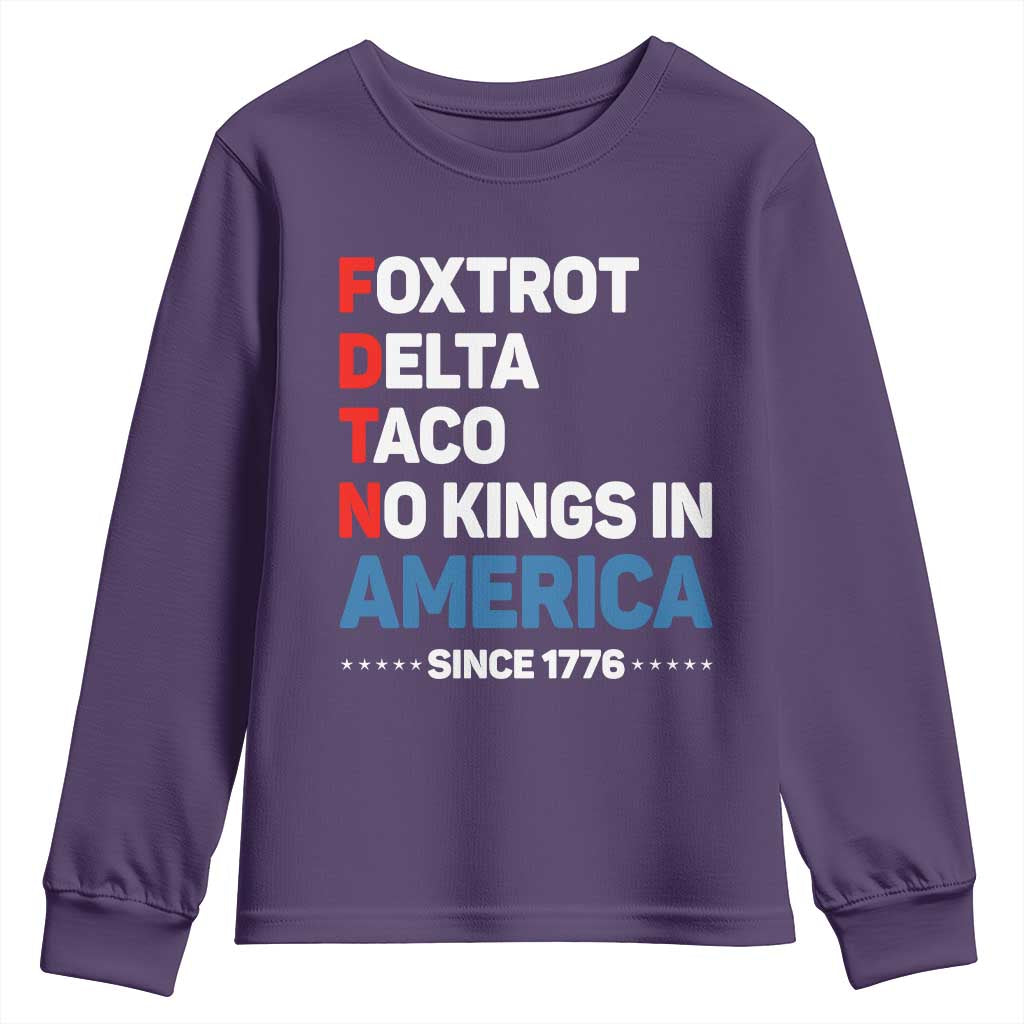 No Kings in America Since 1776 Youth Sweatshirt Foxtrot Delta Taco Funny Patriotic Military Alphabet - Wonder Print Shop