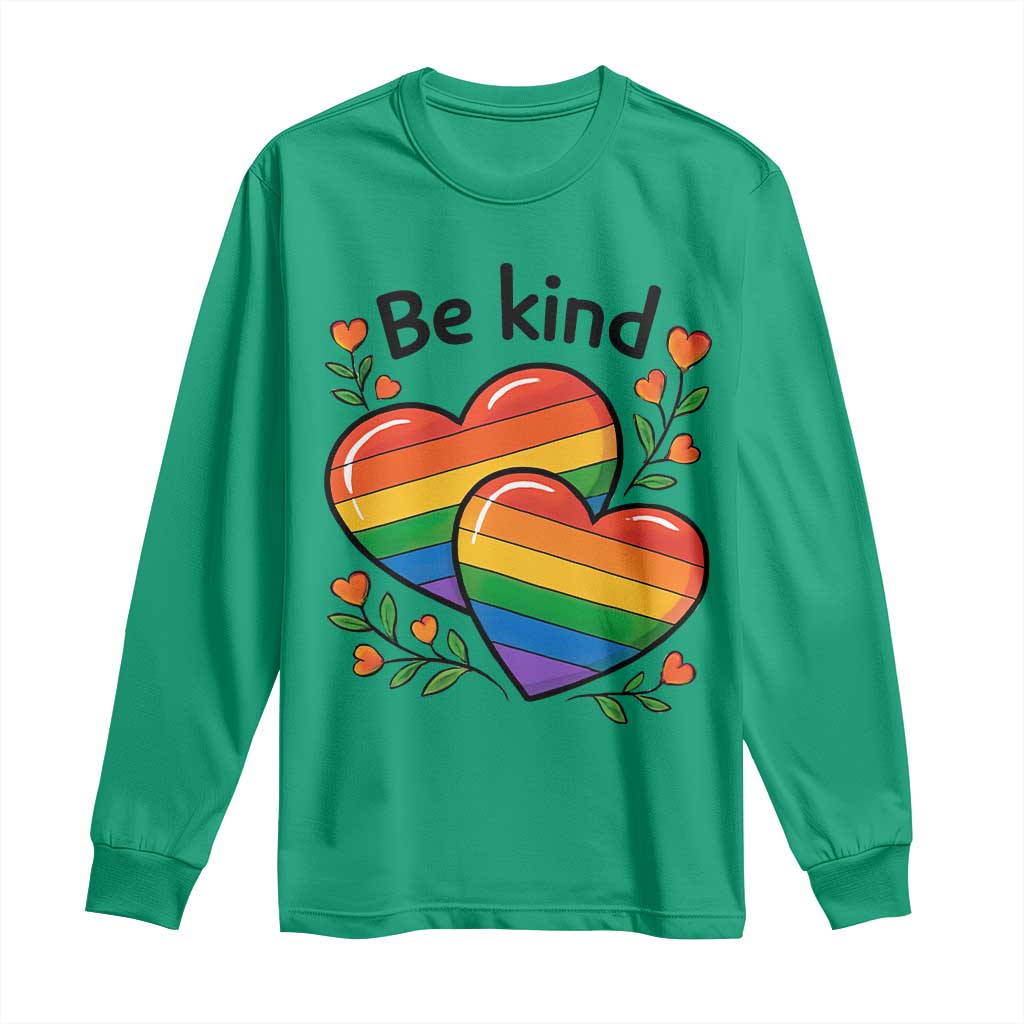 Be Kind Rainbow Heart Long Sleeve Shirt Spread Kindness LGBTQ Love Pride Month - Wonder Print Shop