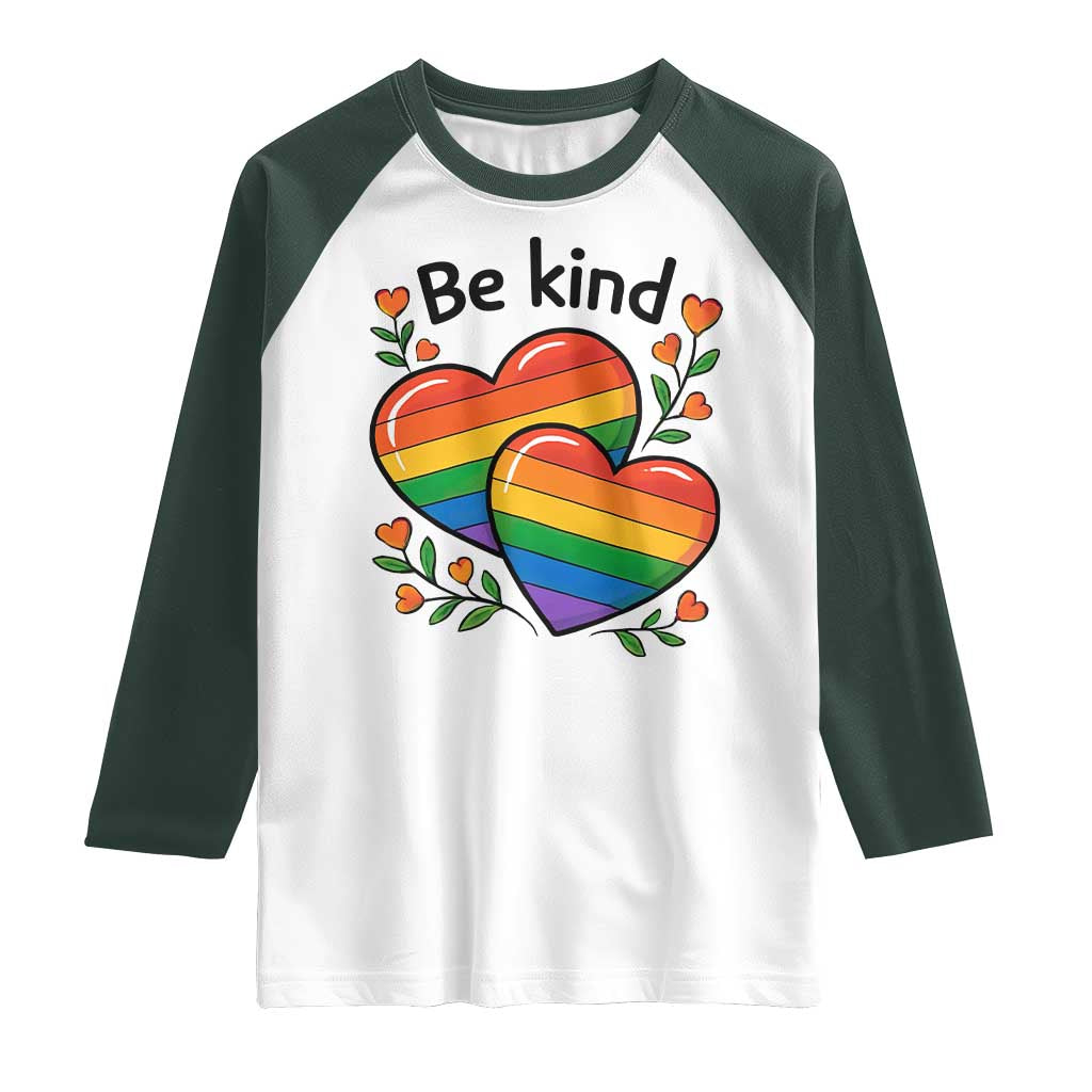 Be Kind Rainbow Heart Raglan Shirt Spread Kindness LGBTQ Love Pride Month - Wonder Print Shop