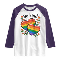 Be Kind Rainbow Heart Raglan Shirt Spread Kindness LGBTQ Love Pride Month - Wonder Print Shop