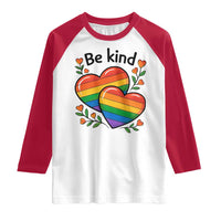 Be Kind Rainbow Heart Raglan Shirt Spread Kindness LGBTQ Love Pride Month - Wonder Print Shop