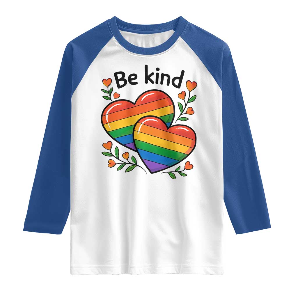Be Kind Rainbow Heart Raglan Shirt Spread Kindness LGBTQ Love Pride Month - Wonder Print Shop