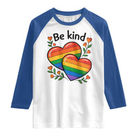 Be Kind Rainbow Heart Raglan Shirt Spread Kindness LGBTQ Love Pride Month - Wonder Print Shop